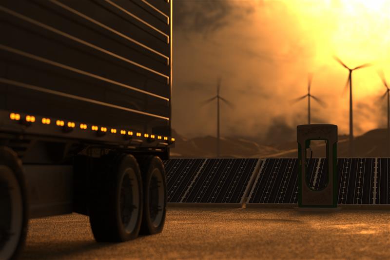 Semi truck trailer at sunset with wind turbines and solar panels in background